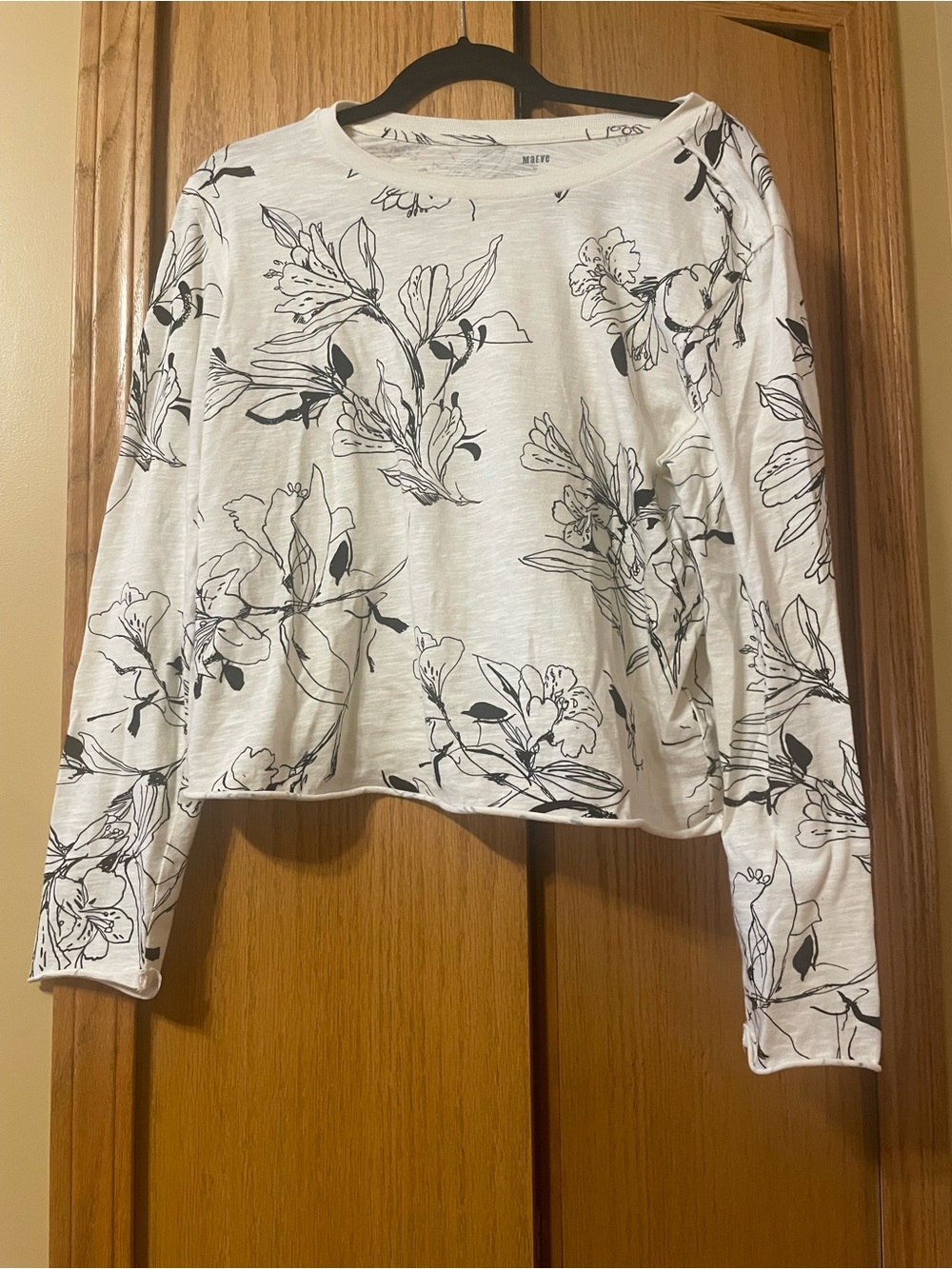 Anthropologie Maeve Beige Long-Sleeve Tee with Black Floral Sketch Print